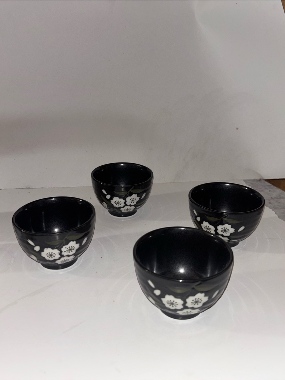 Black Floral Ceramic Tea Cups - Set of 4